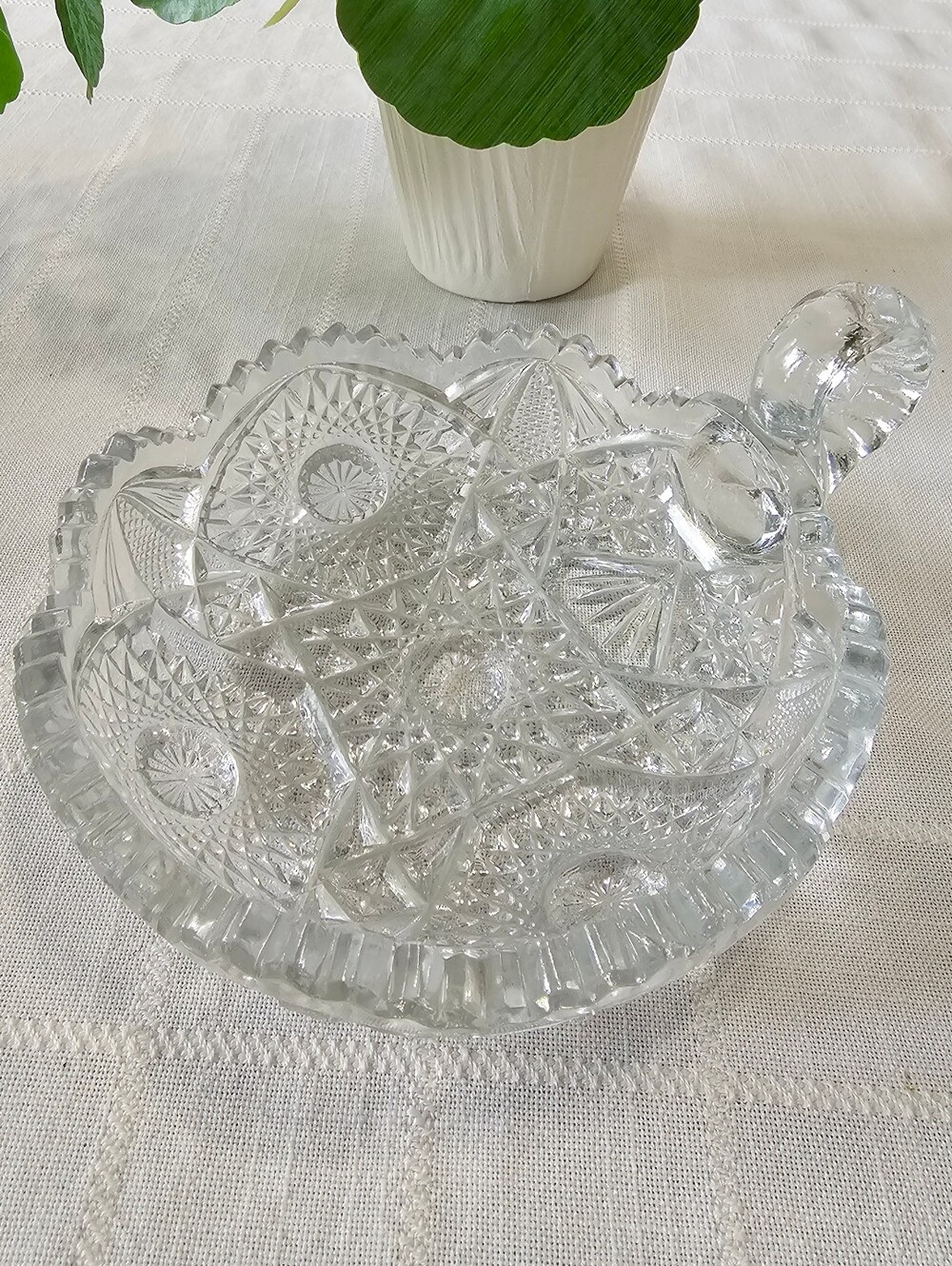 Vintage Clear Cut Glass Serving Bowl with Handle - Elegant Home Dining Accent